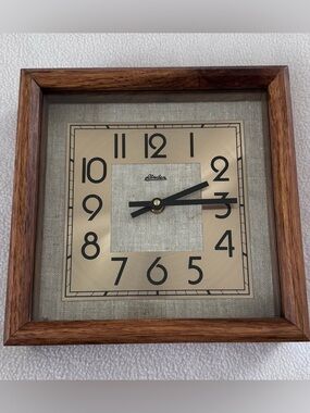 Vintage Linden square wall clock, wooden frame, Art Deco style 10”